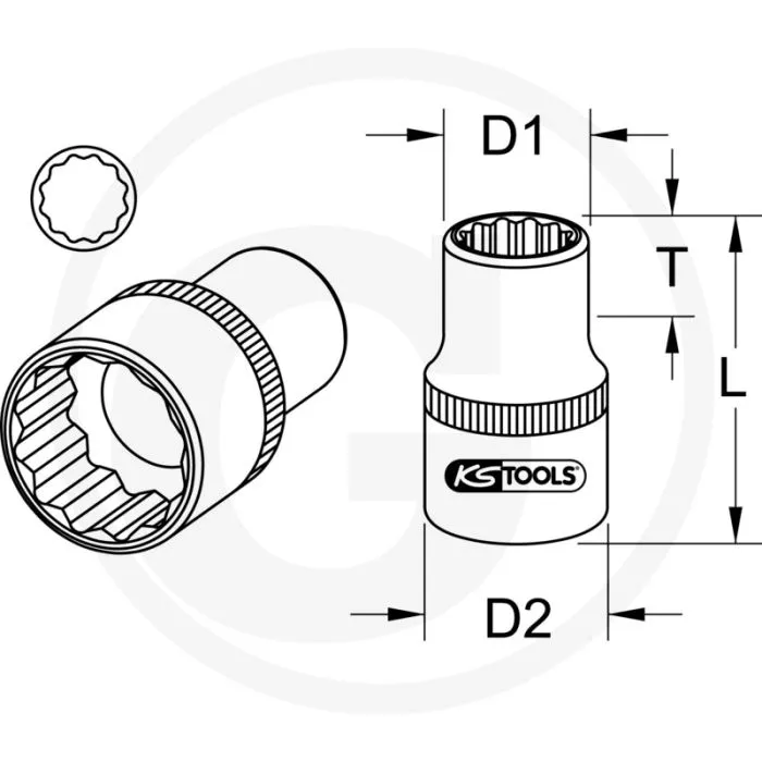 KS TOOLS 1/2” DOPSLEUTEL VOOR 12KANT BOUTEN, 1 3/16”  12KANT, INCH, ZONDER BIT, 43MM LENGTE