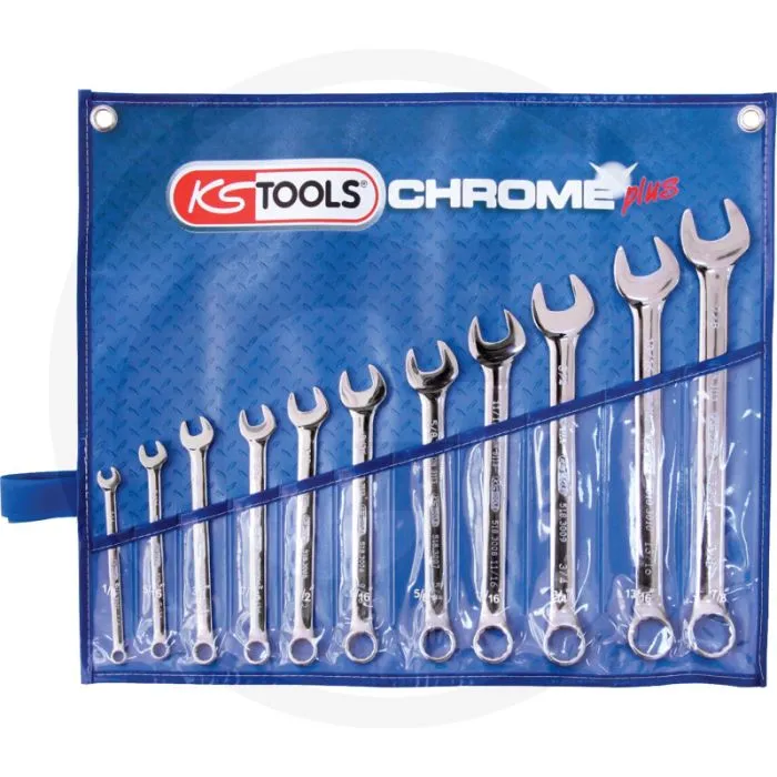 KS TOOLS CHROMEPLUS® RINGSTEEKSLEUTELSET, GEBOGEN 11DELIG, IN ROLTAS  SLEUTELMAAT: 1/4" TOT 7/8"