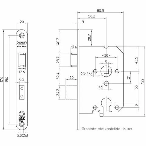 NEMEF VEILIGHEIDS CILINDER DAG EN NACHTSLOT DEURSLOT PC55MM TYPE 1279/1750 DIN LINKS